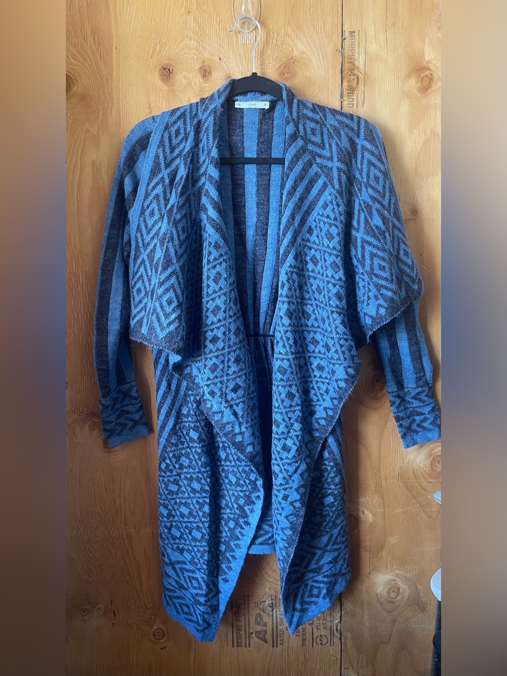Open-Front Cascade Cardigan Sweater in Blue and Gray